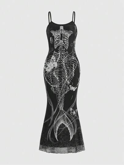 Fairycore Skeleton Print Contrast Mesh Cami Dress