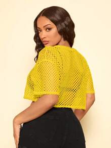 SHEIN SXY Solid Color Hollow Out Round Neck Loose Short Sleeve Top - Yellow - View 2