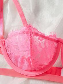 Set de lencería con encaje floral rosado neón - Rosa Fucsia - Ver 4