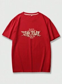 ROMWE MEN Grunge Punk Camiseta de Manga Curta Masculina com Impressão de Asa e Letra, Escola - Vermelho - Visão 2