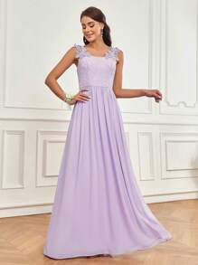 SHEIN Belle Vestido elegante y romántico de orquídea liviana de color rosa púrpura para mujer con tela de gasa plisada y dobladillo asimétrico elegante con encaje de contraste y diseño de apliques, adecuado para la temporada de bodas, festivales de música, el Día de las Madres y vestido de dama de honor (talla adulta) - Púrpura malva - Ver 4