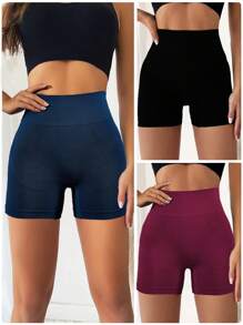 SHEIN Velisys 3 pezzi Pantaloncini sportivi senza cuciture con vita larga, pantaloncini per il sudore, pantaloncini da palestra, pantaloncini da ciclista per donne