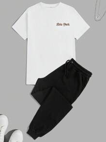 RueChic Men Letter Graphic Tee & Drawstring Waist Sweatpants - Black and White - View 1