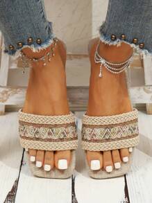 Của phụ nữ Đồ trang trí Rhinestone Dệt Họa tiết Hình học Phong cách Bohemian Dép phẳng Đối với Ngày lễ , Màu be - Nhiều màu - Xem 3