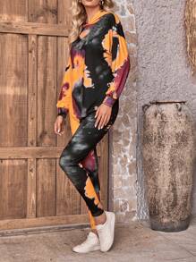 SHEIN LUNE 女士染色連帽長袖上衣和褲子套裝 - 彩色 - 查看 5