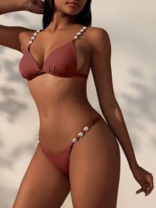 SHEIN Swim 貝殼裝飾V領比基尼泳衣套裝，丁字褲比基尼泳衣套裝，沙灘裝夏季渡假必備