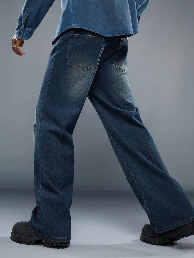 Men's Dark Color Extra Wide Distressed Jeans