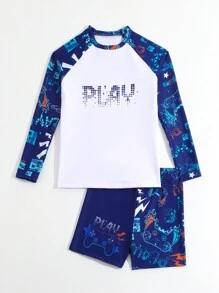Tween Boy Long Sleeve Swimsuit Set Featuring Letter And Game Handle Printed Raglan-Sleeve Shirt - Navy Blue - View 5