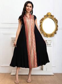 Elegant Contrast Leaf Print Notched Neckline Cap Sleeve Dress - Multicolor - View 5