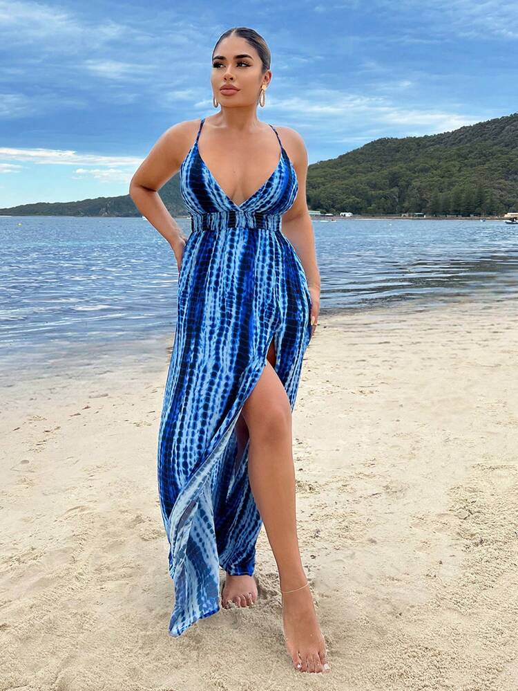 Summer Vacation Beach Tie-Dye Blue Dress Beach Vacation Women Clothes