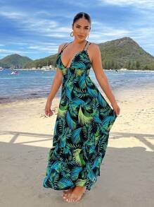 SHEIN SXY 海灘女裝波西米亞風夏季長款洋裝,飄逸寬松 - 綠色 - 查看 3