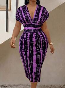 SHEIN LUNE 大尺碼女士深v領染色束腰連衣裙 - 紫色 - 查看 5