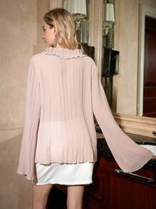 GENKIRA Blouse à manches longues avec col plissé en tissu, volant et manches évasées, élégante pour femmes - Kaki - Voir 7