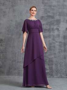 Women's Rhinestone Detail Short Sleeve Chiffon Party Dress - Purple - View 3