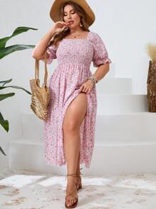 SHEIN VCAY Plus Size Boho Floral Print High Side Split Square Neck Dress, For Summer,Beach Dress Sundress,Holiday Outfits