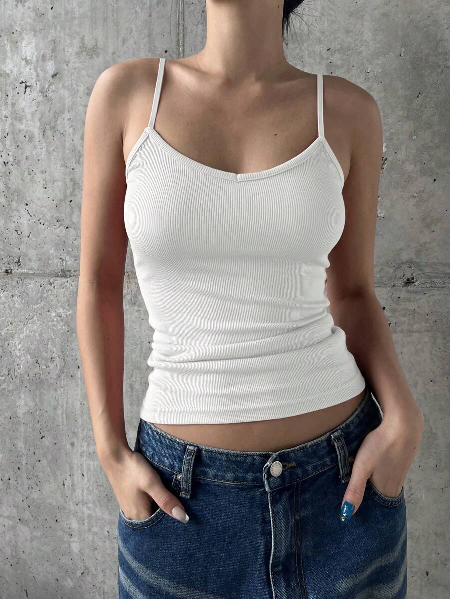 Solid Color Ribbed Knit Slim Fit Camisole Top Tank Tops - White - View 1
