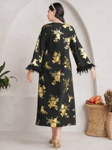 Al Najma 1 đầm nữ in hoa sang trọng & ren & váy kiểu Ả Rập có tay loe - màu đen - Xem 2