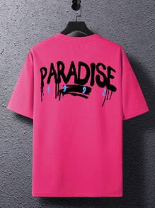 Manfinity Roughcore Men Letter Graphic Print Round Neck Short Sleeve Pink Casual T-Shirt, For Friends - Hot Pink - View 2