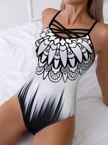SHEIN Swim Trajes De Baño De Una Pieza Para Mujeres Con Estampado Gráfico Y Tirantes Cruzados, Para Verano, Playa, Vacaciones, Viajes, Festivales, Piscina Y Surf