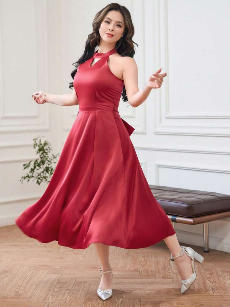 Solid Color Hollow Out Design Back Tie Strap Sleeveless Dress With Waist Cinched Sundress Red Women Dresses Maxi Dress