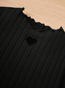 SHEIN 青少年女孩針織純色愛心空心紋t恤,2入組 - 黑色 - 查看 6