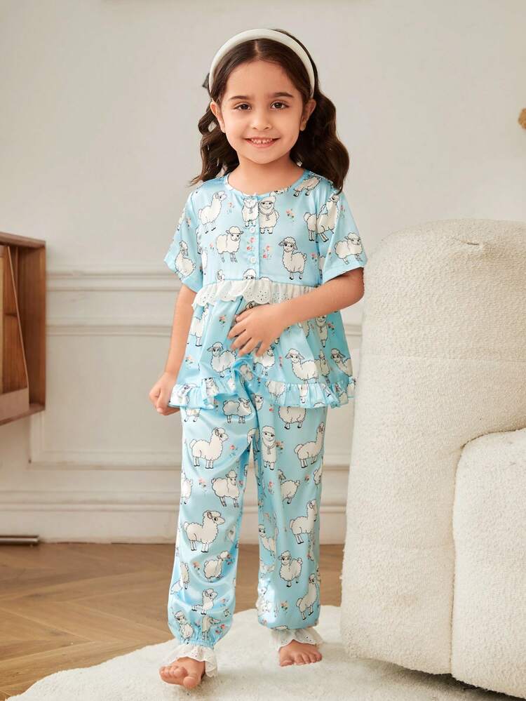 Young Girl Loose Woven Pajama Set With Patchwork, Hollow Out & Embroidery Sheep Pattern, Easter