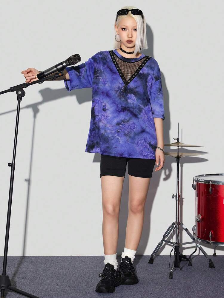 Mesh Splicing Tie-Dye T-Shirt & Leggings