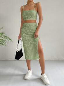 SHEIN EZwear Women's Texture Fabric Crop Top & High Slit A-Line Skirt Set With Spaghetti Straps - Army Green - View 5