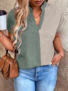 SHEIN LUNE Maglia Con Taglie Grandi Colore-bloccanti Con Scollo A V E Maniche A Pipistrello