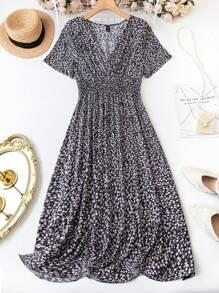 SHEIN LUNE Váy xếp ly cổ chữ V in hoa mùa hè cỡ lớn - màu đen - Xem 1
