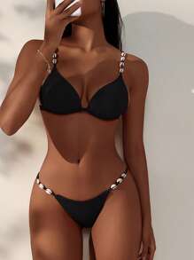 SHEIN Swim 貝殼肩帶女士比基尼套裝，丁字褲比基尼泳裝海灘裝適用於夏日度假 - 黑色 - 查看 5