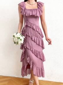 Modelyn Asymmetric Hem Ruffle & Decor Detail Square Neckline Dress Long Evening Dresses - Pink - View 7