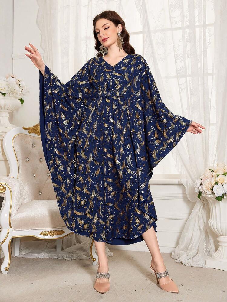 Arabic Style Gold Color Pattern Cinching Waist Dress