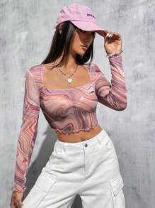 SHEIN EZwear In Đá cẩm thạch Lưới mỏng Thon gọn Quần skinny Áo thun - Màu Hồng  San hô - Xem 3