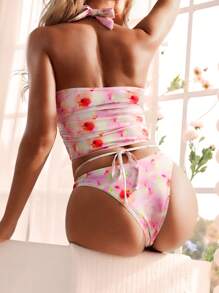 SHEIN Swim Summer Women'S Floral Print Halter Neck Swimwear Set - Multicolor - View 3