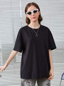 SHEIN 青少女針織彩色蝴蝶印花寬鬆T恤 - 黑色 - 查看 3