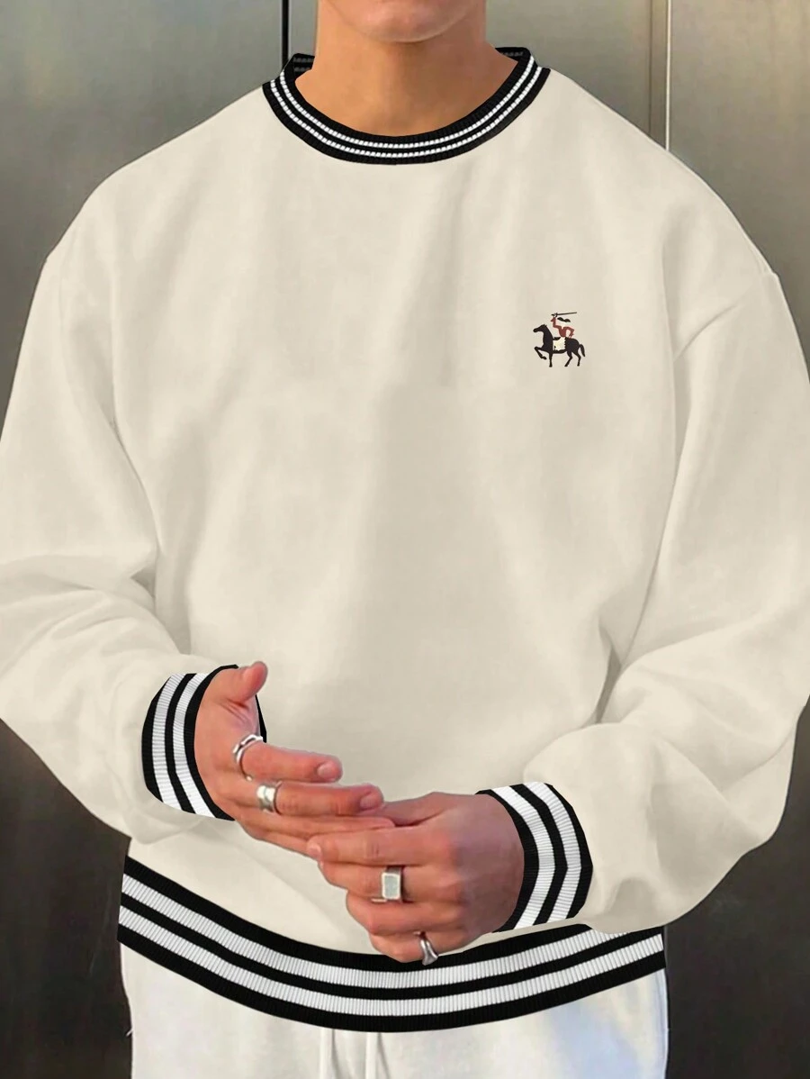 Claim Dot Men's Striped Trimmed Horse Riding Print Varsity Long Sleeve Sweatshirt - Apricot - View 1