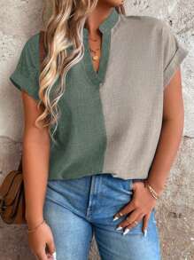 SHEIN LUNE Maglia Con Taglie Grandi Colore-bloccanti Con Scollo A V E Maniche A Pipistrello