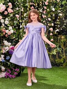 SHEIN Vestido De Malha Com Mangas Curtas E Gola Redonda Para Meninas Com Detalhes Em Malha, Tecido Metálico, Frente Plissada E Enfeite De Laço - Lavanda - Visão 2