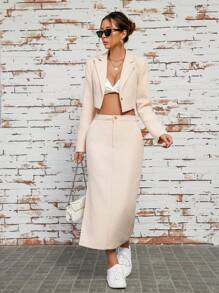 GENKIRA Solid Color Suit Jacket With Lapel Collar And Split Hem Skirt Set - Apricot - View 4