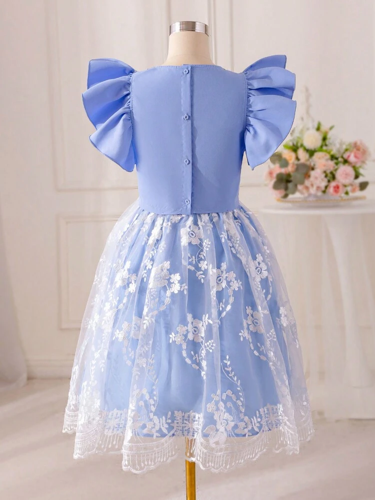 Tween Girl's Floral Embroidered Shirt With Ruffle Trim & Back Slit Detailing, Paired With Embroidered Mesh Skirt