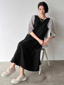 FRIFUL 女士條紋拼接中長款連衣裙 - 黑色 - 查看 1