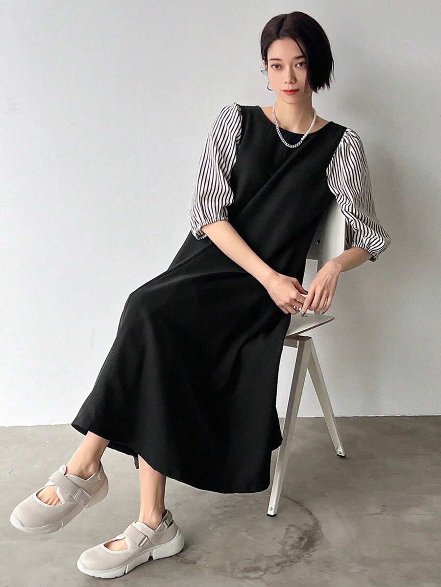 FRIFUL 女士條紋拼接中長款連衣裙 - 黑色 - 查看 1