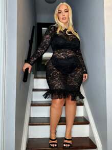 SHEIN LUNE Plus Size Women's Lace Bodycon Dress - Black - View 1