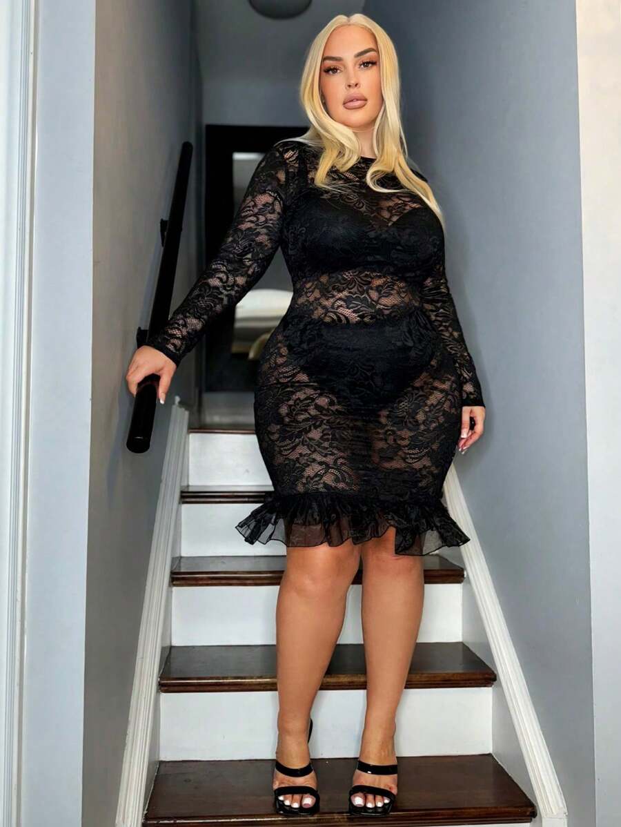 SHEIN LUNE Plus Size Women's Lace Bodycon Dress - Black - View 1
