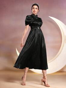 Modelyn Jacquard Stand Collar A-Line Casual Dress With Cinching Waist