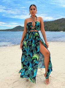 SHEIN SXY Vestido De Verano Para La Playa En Verde Con Diseño Floral, Con Cordón De Túnel Y Abertura Alta Para Vacaciones En La Playa - Ropa Para Mujer