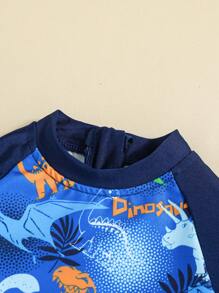SHEIN Traje De Baño De Una Pieza De Manga Larga Para Bebé Con Patrón De Dinosaurio De Caricatura Y Bloque De Color - Azul - Ver 4