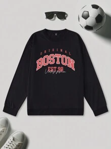 Manfinity Campus Court Men's Plus Size Letter Printed Round Neck Casual Sweatshirt - Black - View 1