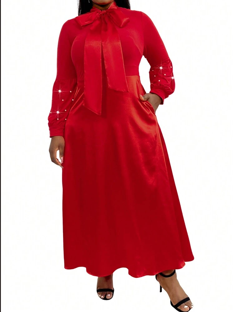 Plus Size Knot Neckline Pearl Embellished Lantern Sleeve Dress